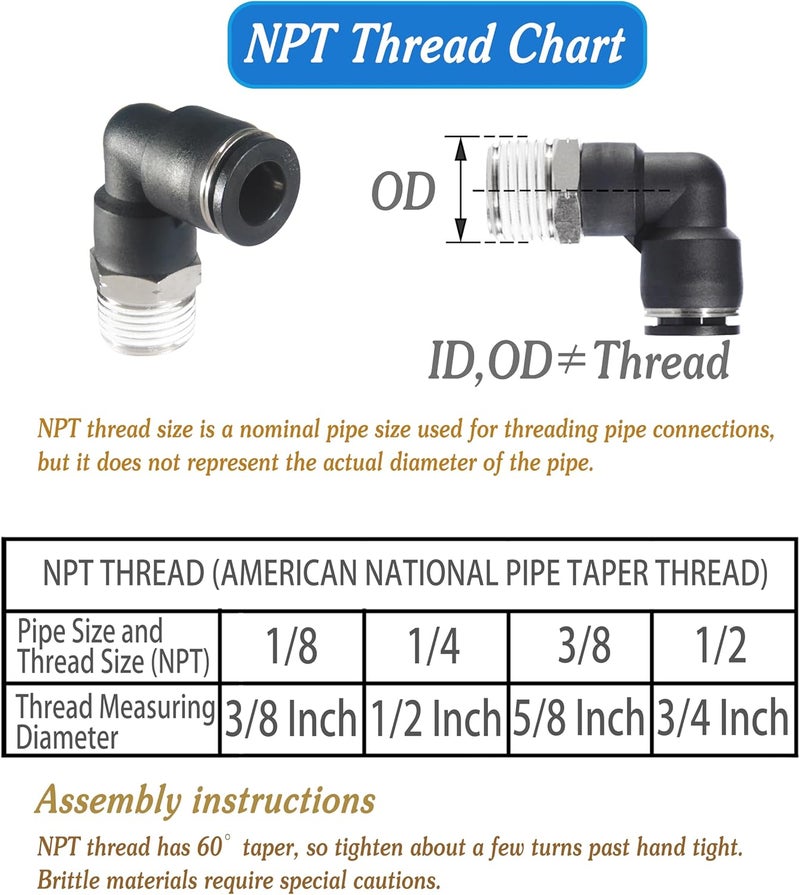 MSAEIQUN 1/2 Air hose fittings, Air fittings Male Elbow 1/2 Inch Tube OD x 1/2 NPT Thread Push to Connect Fitting, PL-1/2-N4 (Pack of 2) (1/2-1/2) - Image 3